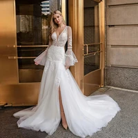 modern tulle wedding dress v neck flare sleeves bridal gowns lace appliques buttons brides dresses vestido de casamento
