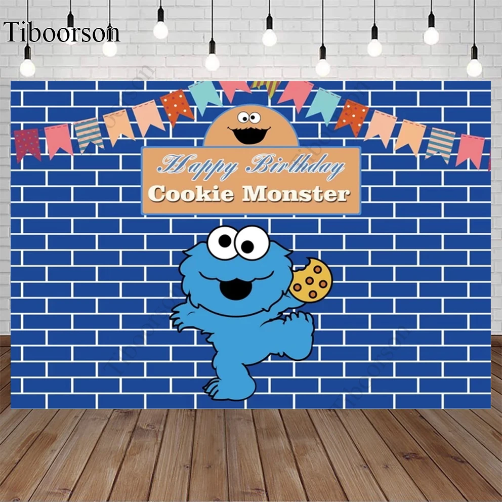 Fondos de cumpleaños de monstruos y galletas, cartel personalizado para fiesta de Barrio Sésamo azul, accesorios de decoración de fondo de fotografía para niños