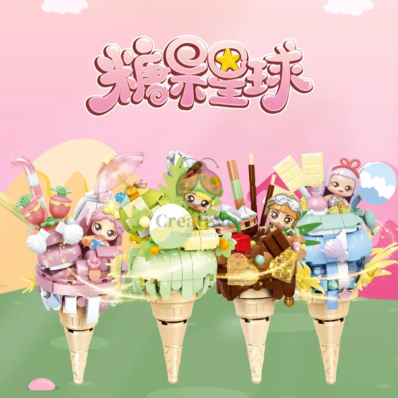SEMBO 4 Set Cute Gourmet Lot Candy Planet Strawberry Matcha Chocolate Sea Salt Vanilla Ice Cream Cone Brick Toy For Girl Gift
