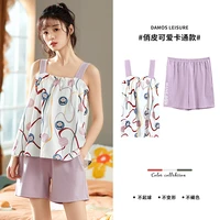 summer women pajama set cute printed pattern pajamas suspenders with chest pad homewear sleeveless tops and shorts 2 piece set