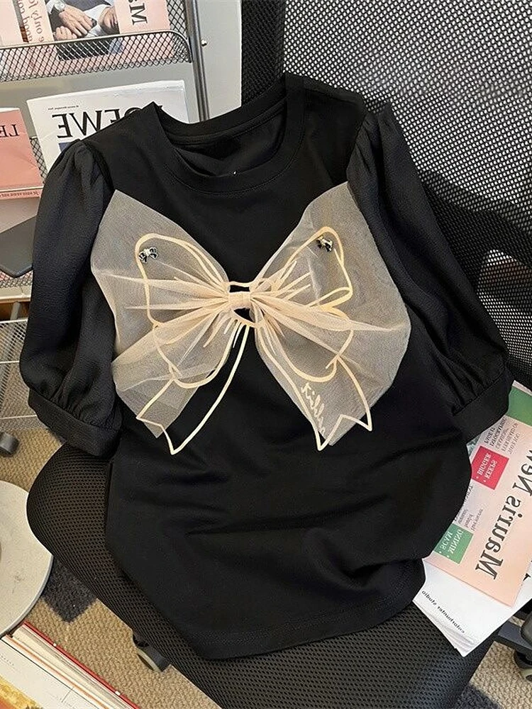 Woherb летняя черная футболка Женская сетчатая Лоскутная с бантом 2022 корейские