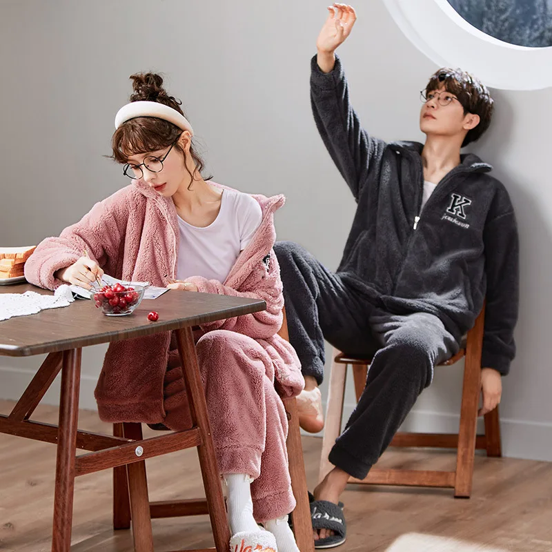 Flannel Pajams Set for Couple Men and Women's Cardigan Pajamas Suit Winter Thickened Coral Fleece Home Service pijama mujer