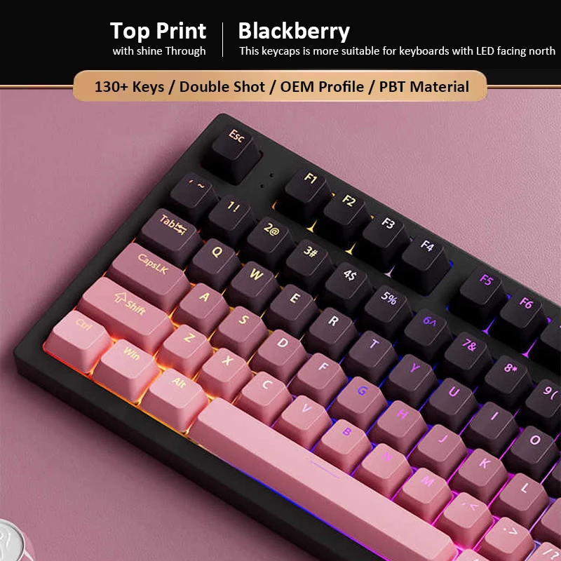 Фото Колпачки для клавиш Blackberry с верхним принтом RGB с подсветкой, 130 клавиш, OEM-профиль, блестящие двойные колпачки для клавиш из ПБТ для переключателей MX, клавиатур №2