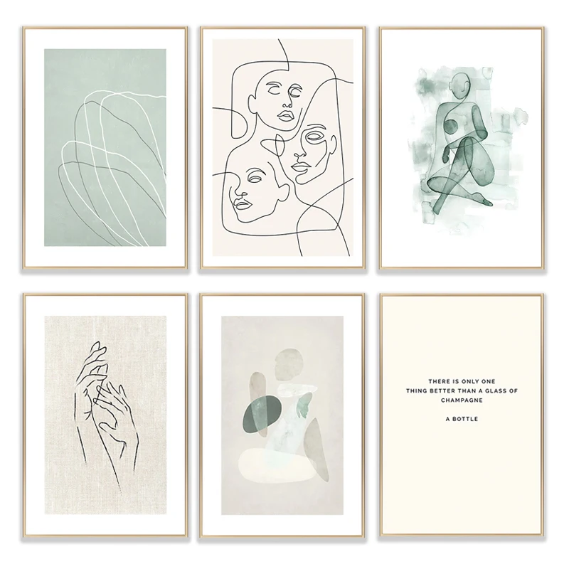 

Modern Line Face Wall Art Painting Beige Green Minimalist Canvas Poster Abstract Woman Face Print Picture for Room Home Decor