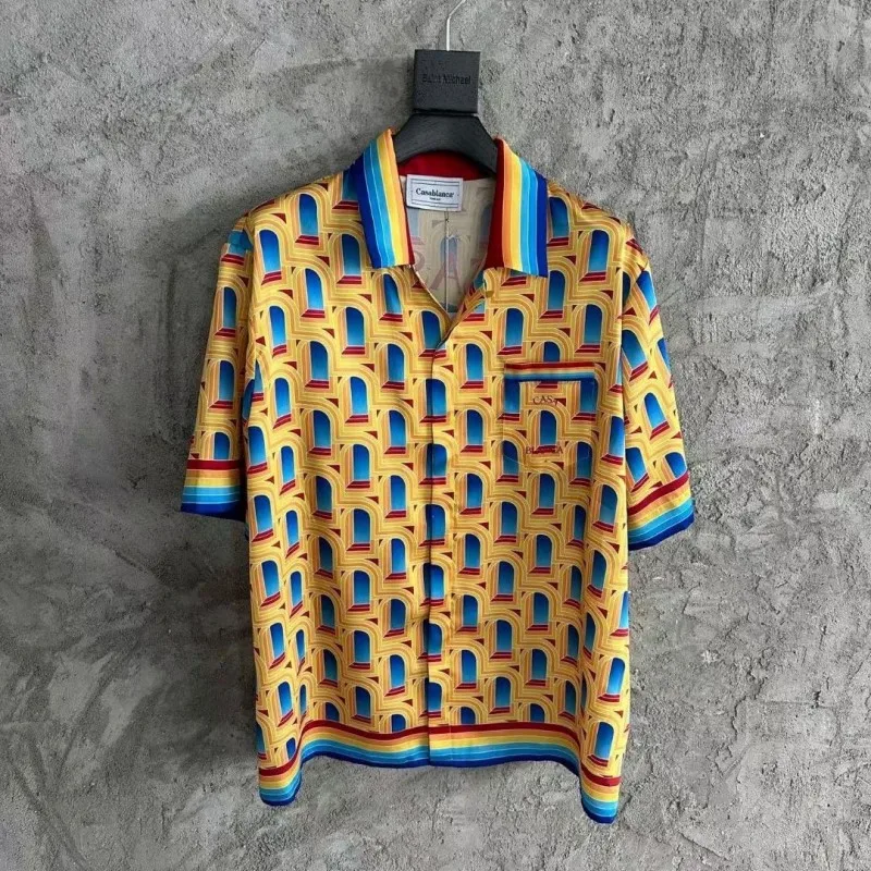 

Casablanca Shirts Dreamland Gate Twill Silk Short Sleeve Cardigan Yellow Blue Causal Contrast Color Shirt for Men Women Clothing
