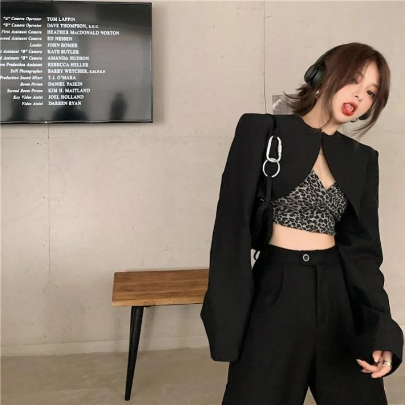 

Slim Fit High Street Short Length Blazers Irregular Backless Hollow Out Black American Sexy Crop Tops Coats Leopard Camis Women