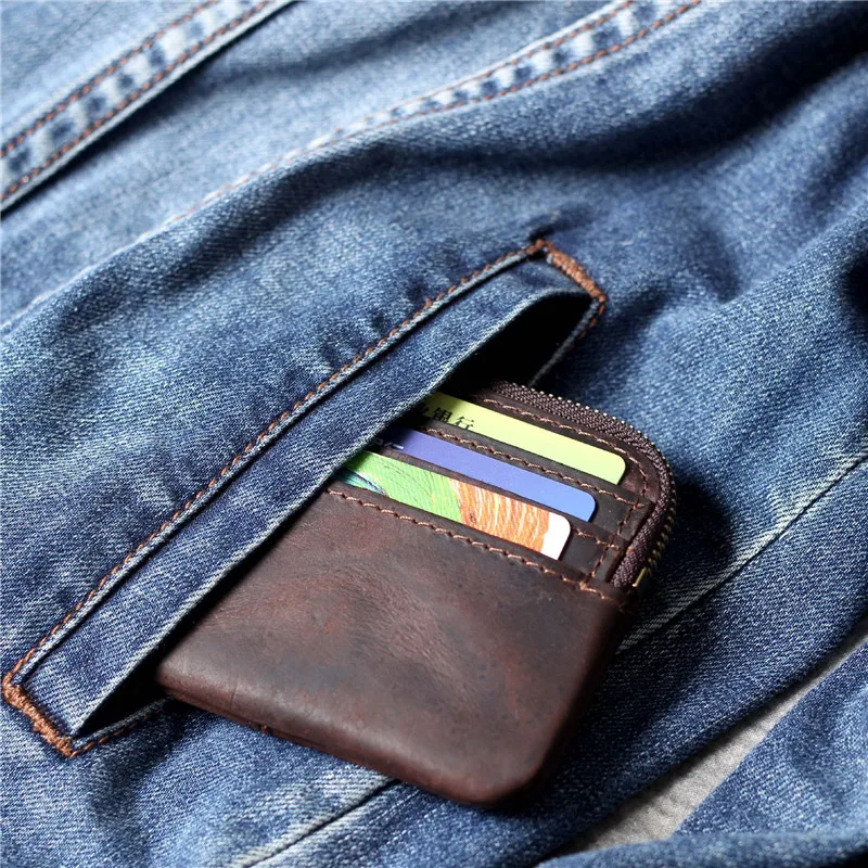 Restore high quality crazy horse cowhide card package simple coffee genuine leather small coin purses key wallets ID Holders