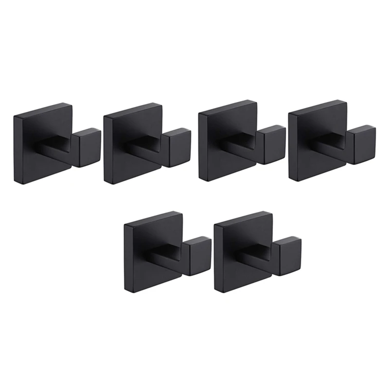 

6 Pack Matte Black Towel Hook Stainless Steel Bathroom Rust Proof Clothes Towel Coat Hook Wall Mounted Square Hanger