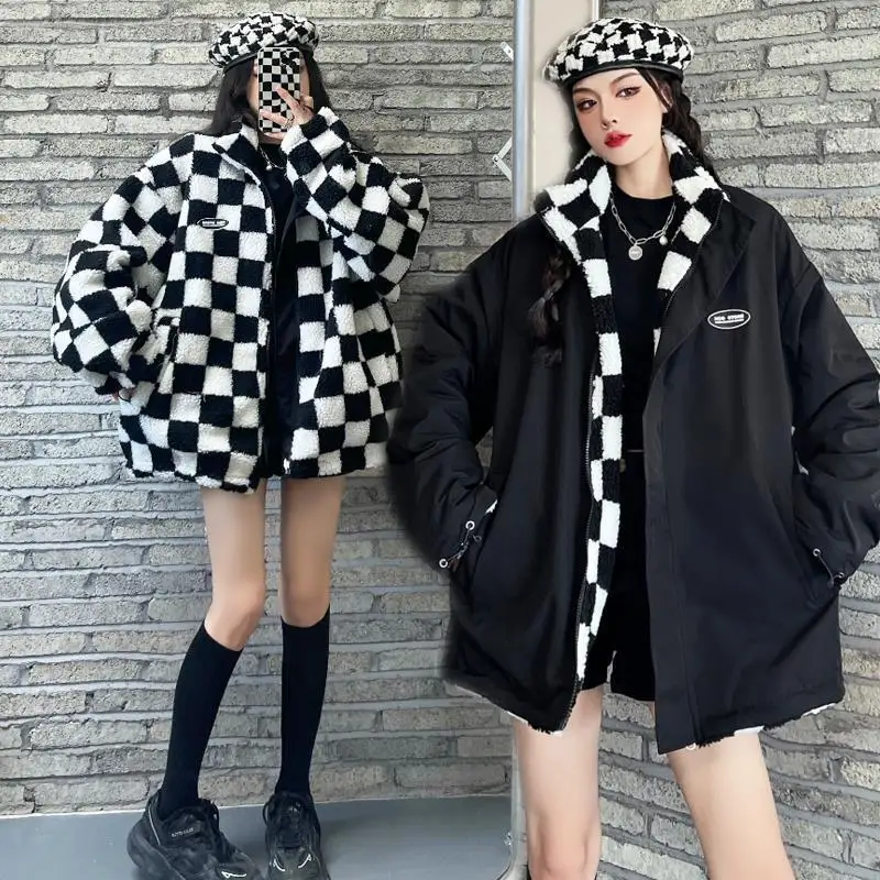 

Женское утолщенное бархатное двухстороннее Шахматное пальто Y2k из овечьей шерсти, зимнее теплое пальто, новое свободное хлопковое пальто на молнии, Ins Tide