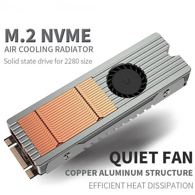 

M.2 NVME Air Cooled Radiator SSD Heat Sink Copper and Aluminum Structure With Quiet Fan, 2280 Solid State Drive Cooler