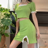 sweet green two piece sets female solid color suits y2k women summer short sleeve sexy short tops and high waist slit skirts new