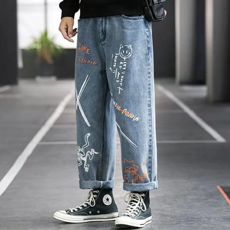 Korean Pants Jeans Cartoon Dinosaur Graffiti Mens Streetwear Hip Hop Cargo Oversized Trousers Men's Black Denim Pants Overal