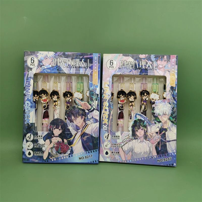 6 шт., гелевая ручка Link Click, кавайные металлические значки, цветная печать, черный быстросохнущий пресс, нейтральная ручка для подписи, студенческие канцелярские принадлежности