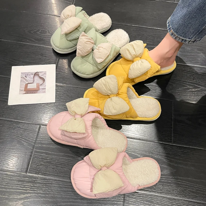 

Bow Shoes Fur Heels Female Sandal Large Size Soft Retro Girls Big Outside Low Closed Short Plush Slipper Butterfly-knot Down Rub