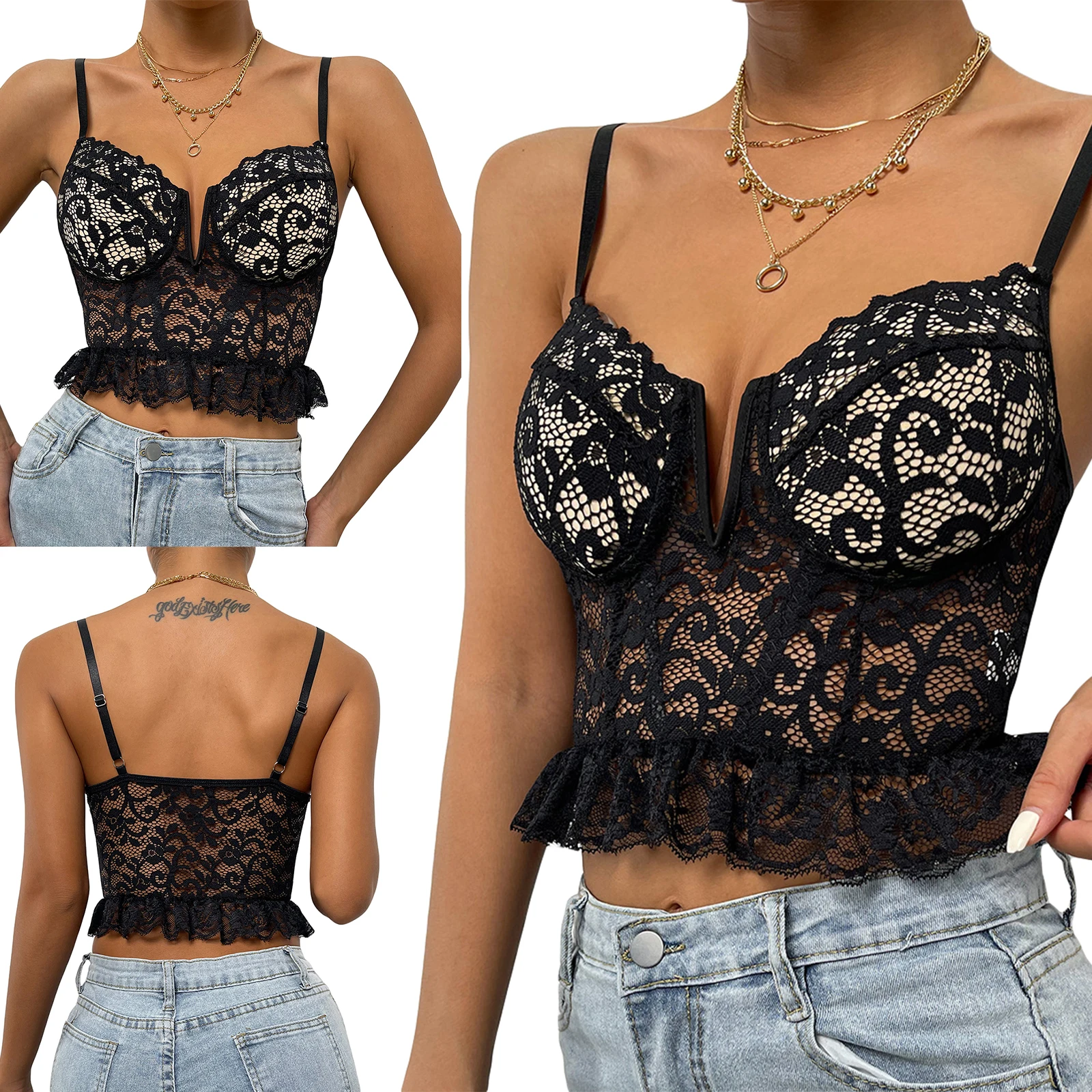 

Майка женская кружевная на бретелях-спагетти с открытой спиной