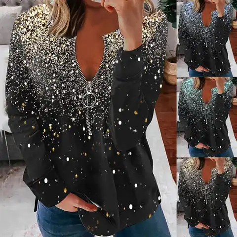 Blouses Woman 2023 Blouse Women Splice Casual Round Sleeve Long Neck Zipper Tops Print Loose T-Shirt tunika рубашки женские