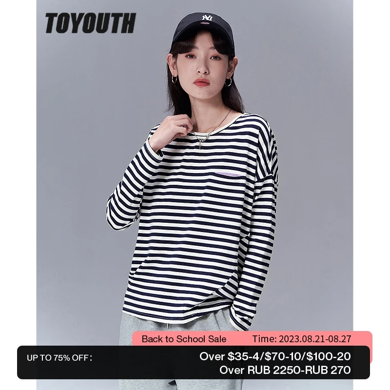 

Toyouth Women Tees 2022 Autumn Long Sleeve O Neck Loose T-shirt Blue and White Stripes Pure Cotton Casual Streetwear Tops