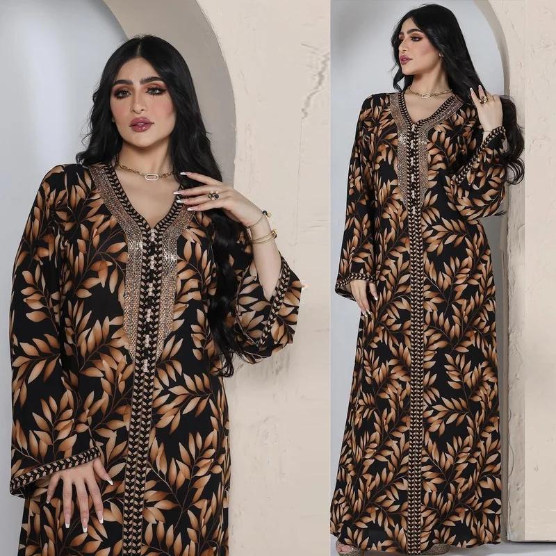 

Middle East Arab Abaya Femme Printed Brown Abayas for Women Dubai 2022 Rhinestone Loose Women Dress Islam Clothing