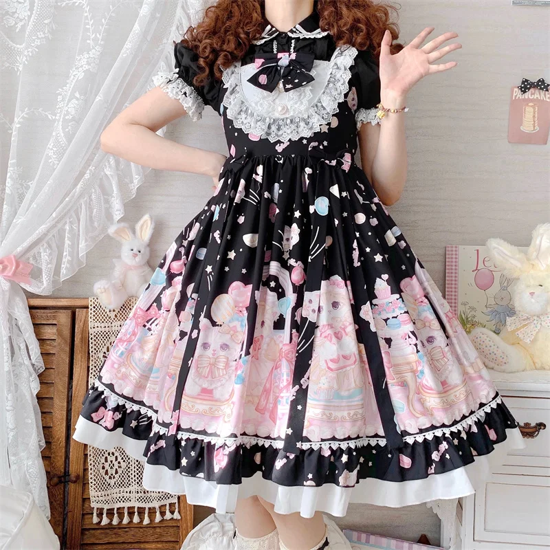 

Lolita Kawaii Women Sleeveless Dress Japanese Soft Girls Pink Cat Print Overall Cute Bow Lace Princess Jsk Anime Cosplay Dresses