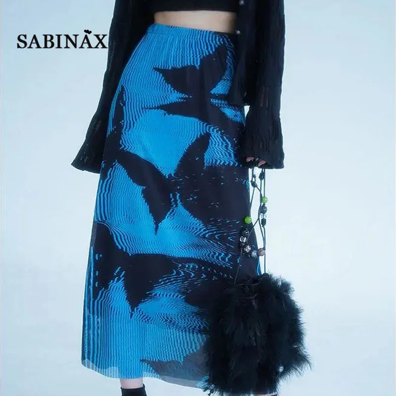 

SABINAX Long Skirt Woman Summer Spring Klein Blue Butterfly Dress Korean Fashion Skirts Flower Printi Dresses Women Clothing