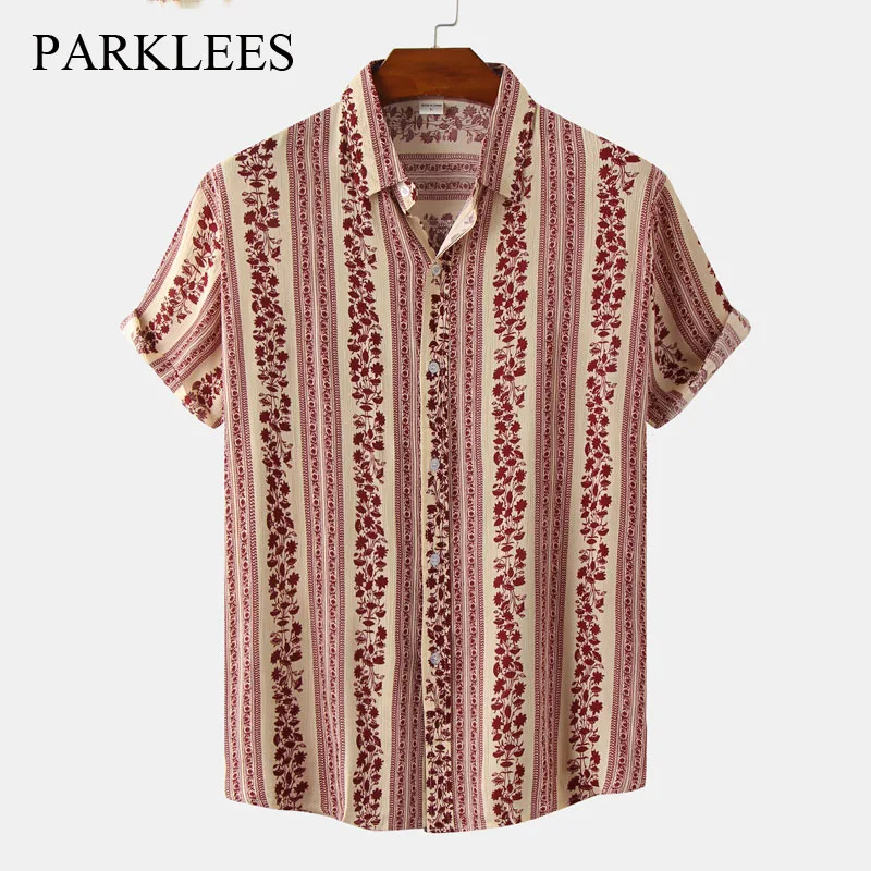 

Parklees Aloha Hawaiian Shirt for Men Retro Floral Print Short Sleeves Beach Shirt Male Fashion Casual Holiday Button Down Shirt