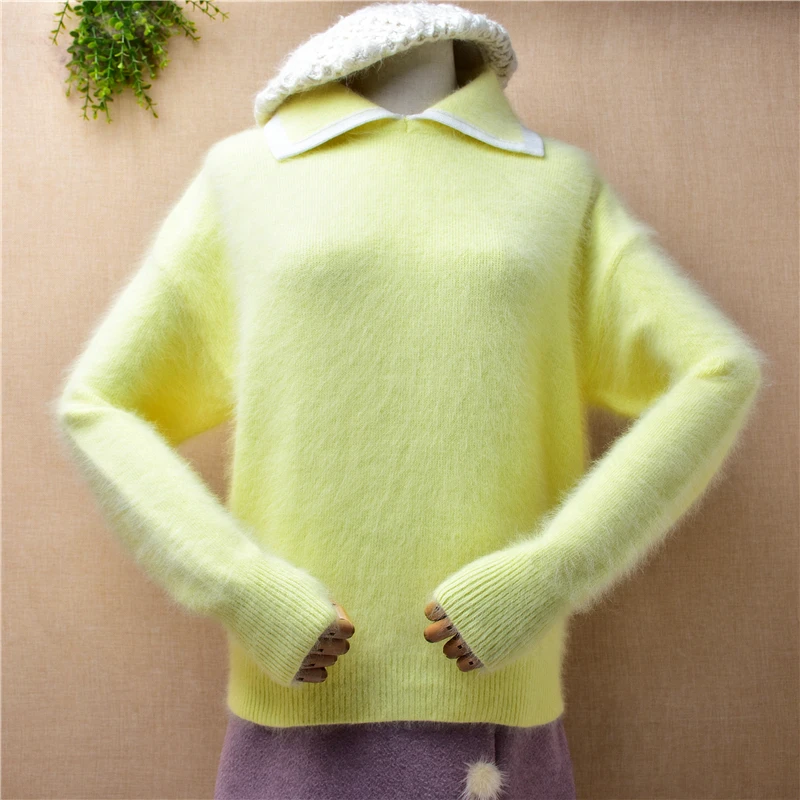 

Ladies Women Fall Winter Clothing Hiary Hairy Angora Rabbit Hair Knitwear Long Sleeves Turn-Down Neck Loose Pullover Sweater