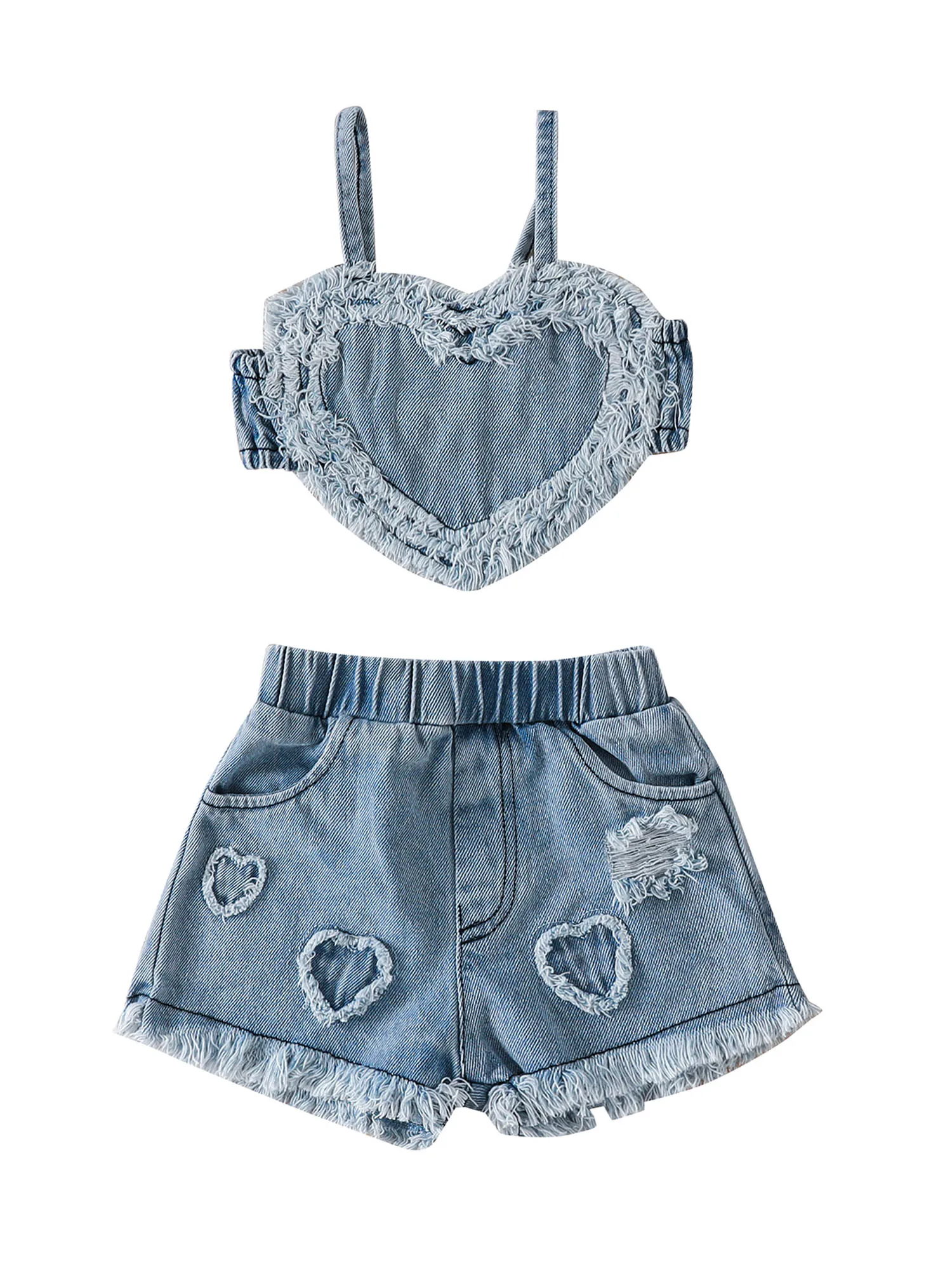 

FOCUSNORM 0-24M 2pcs Baby Girls Lovely Clothes Sets Denim Sleeveless Heart Camisole Vest Elastic Ripped Shorts Summer Clothing