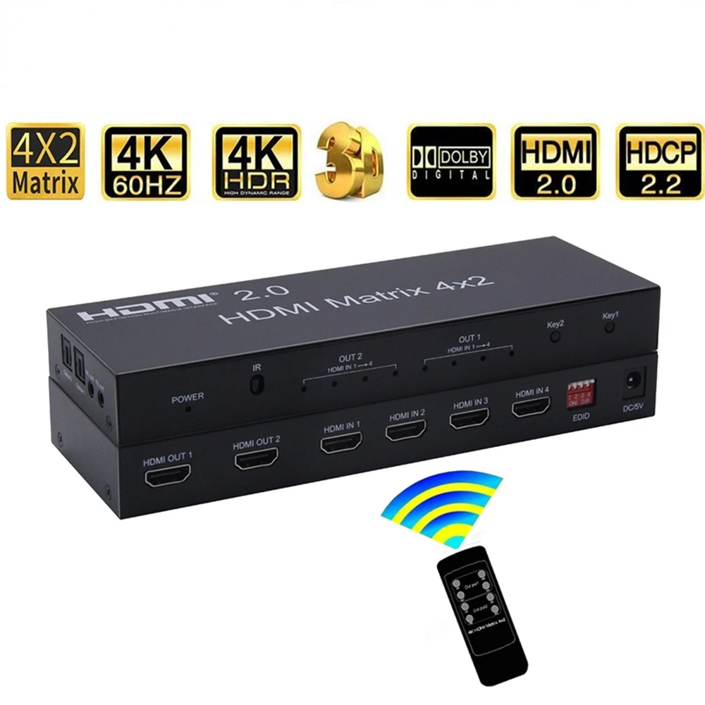 

HDMI 2.0 Matrix 4x2 4K @ 60Hz HDR Switch Splitter 4 in 2 out Optical SPDIF + 3.5mm jack Audio Extractor HDMI Switcher