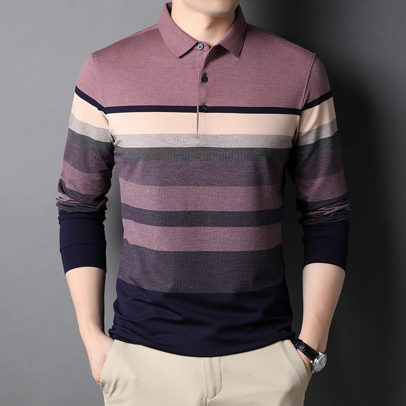 

Рубашка-поло мужская с длинным рукавом, 100% хлопок, в полоску