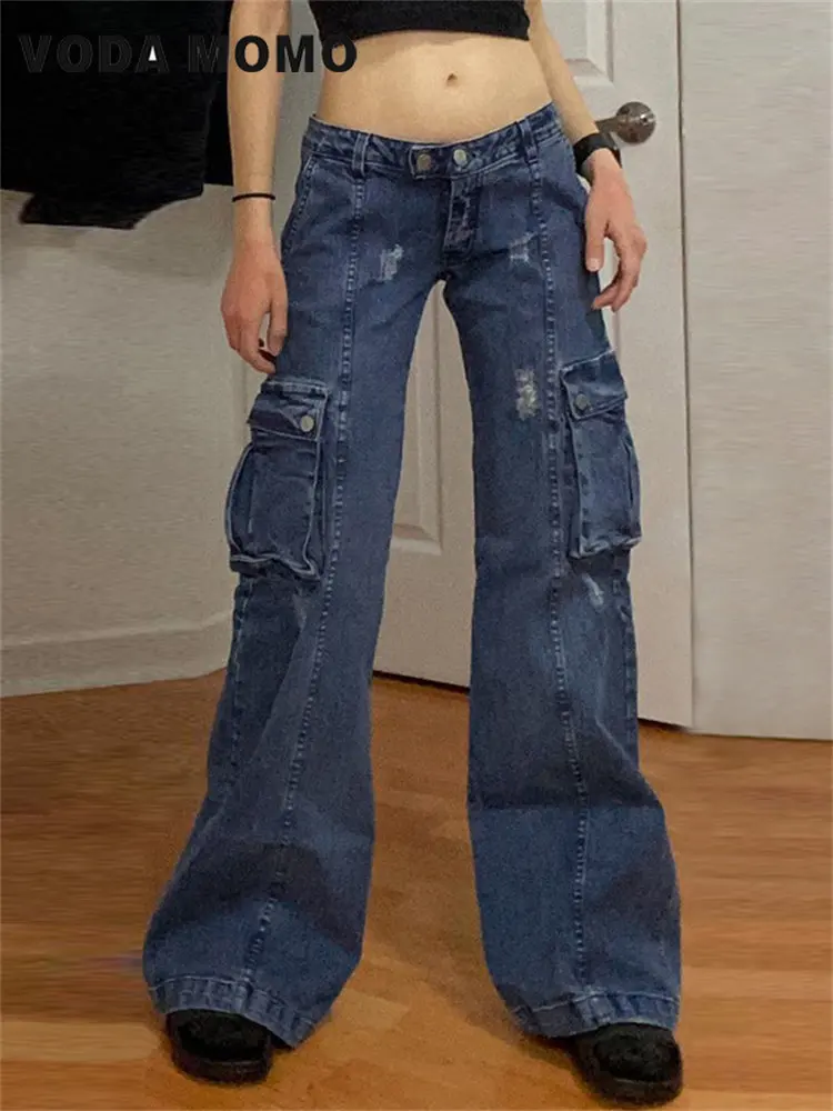 

Indie Aesthetic Vintage Fashion Pocket JeansWomen Y2K Streetwear Loose Jeans High Waisted Straight Wide Leg Pants Denim Trousers