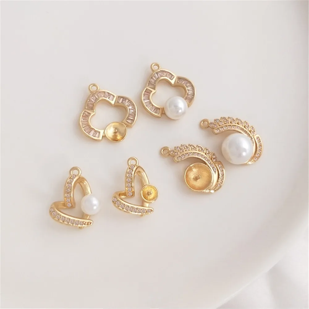 

14K Gold Filled Plated Micro-inlaid zircon heart shape finch tail four-leaf clover half hole bead pendant DIY necklace pendant