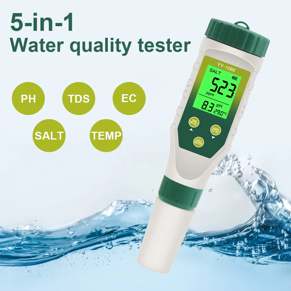 Ручка для проверки воды 5-в-1 высокоточный зонд PH/TDS/SALT/EC/TEMP тестер диеты PH бассейна