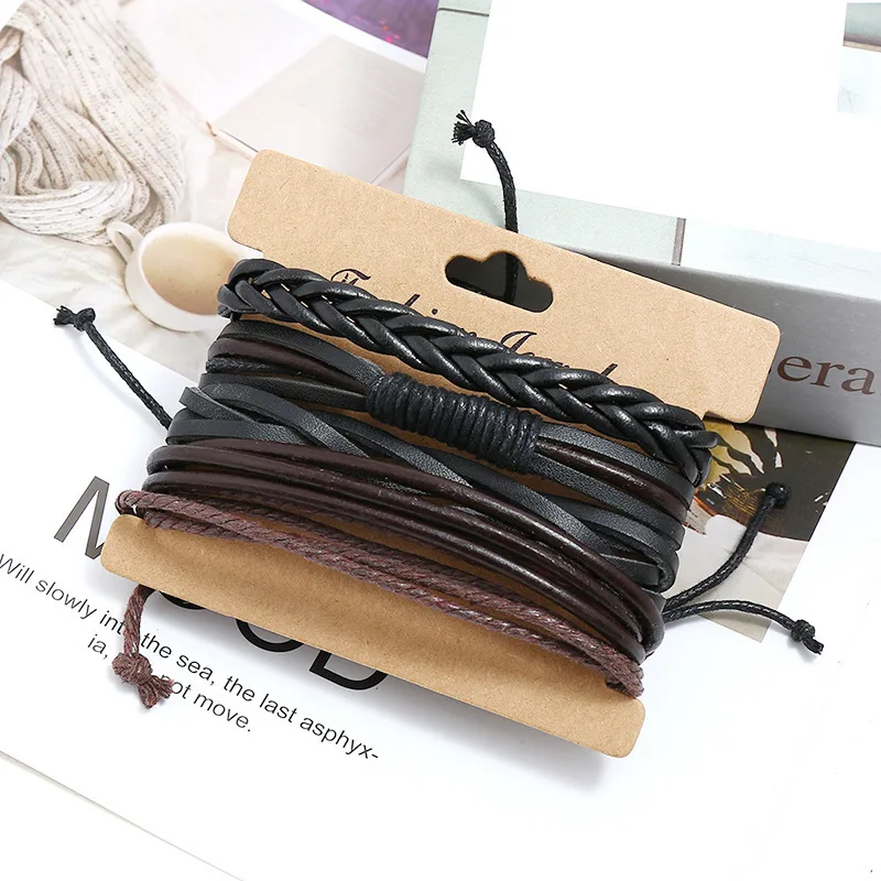 

2022 Men's Leather Bracelet Ornaments Multi-layer Braided Leather Bracelet Four Pieces of Combination Leather Bracelet