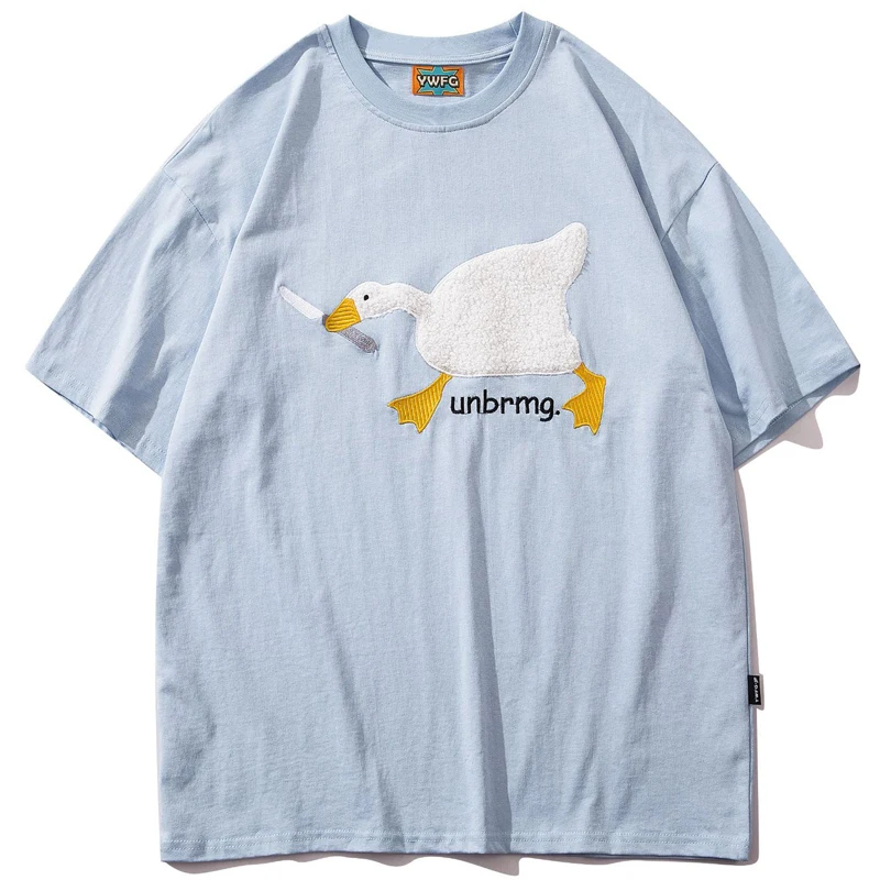 

Harajuku T Shirt Men Cotton Cartoon Animal Duck Embroidery Tee Vintage Casual Baggy Short Sleeve Tops Fashion Streetwear Summer