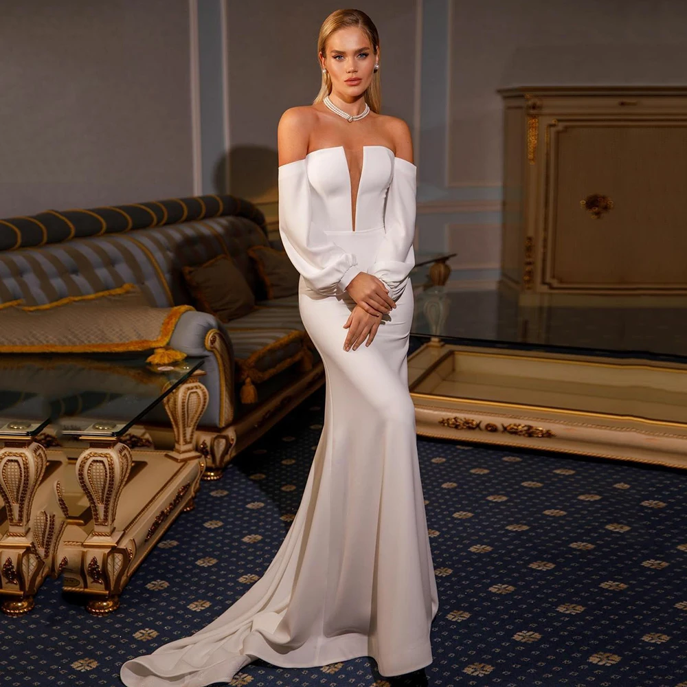 

Sexy Wedding Dress Mermaid Deep V Neck Off The Shoulder Long Sleeve Satin Bridal Gown For Women Simple Civil Vestidos De Novia