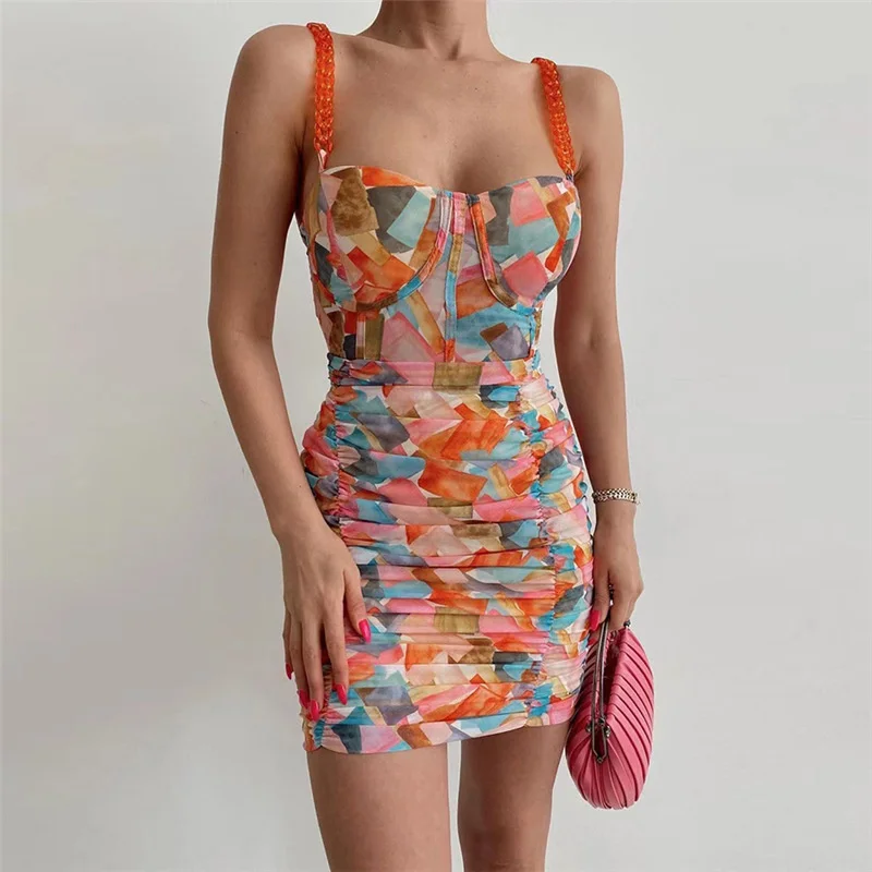 Multicolor Ruched Chain Strap Party Dress Sexy Bodycon Mini Summer Boho Dress...