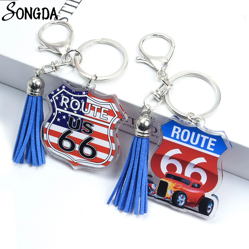

Classic US Route 66 Leather Tassel Acrylic Keychains Holder Double Sided Key Chains Keyrings for Bag Key New Designs Jewelry
