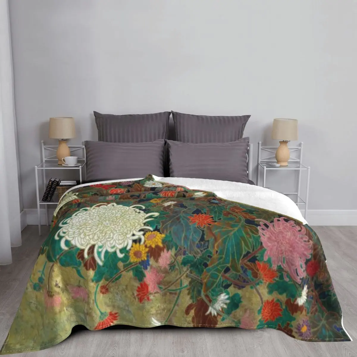 Цветочная японская картина: ультрамягкое одеяло из микрофлиса