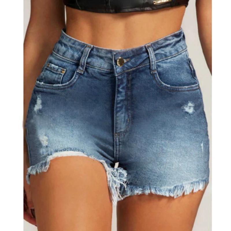 European Beauty Jeans Blue Washed Denim 2023 Waist Temperament Commuter Cotton Denim Shorts