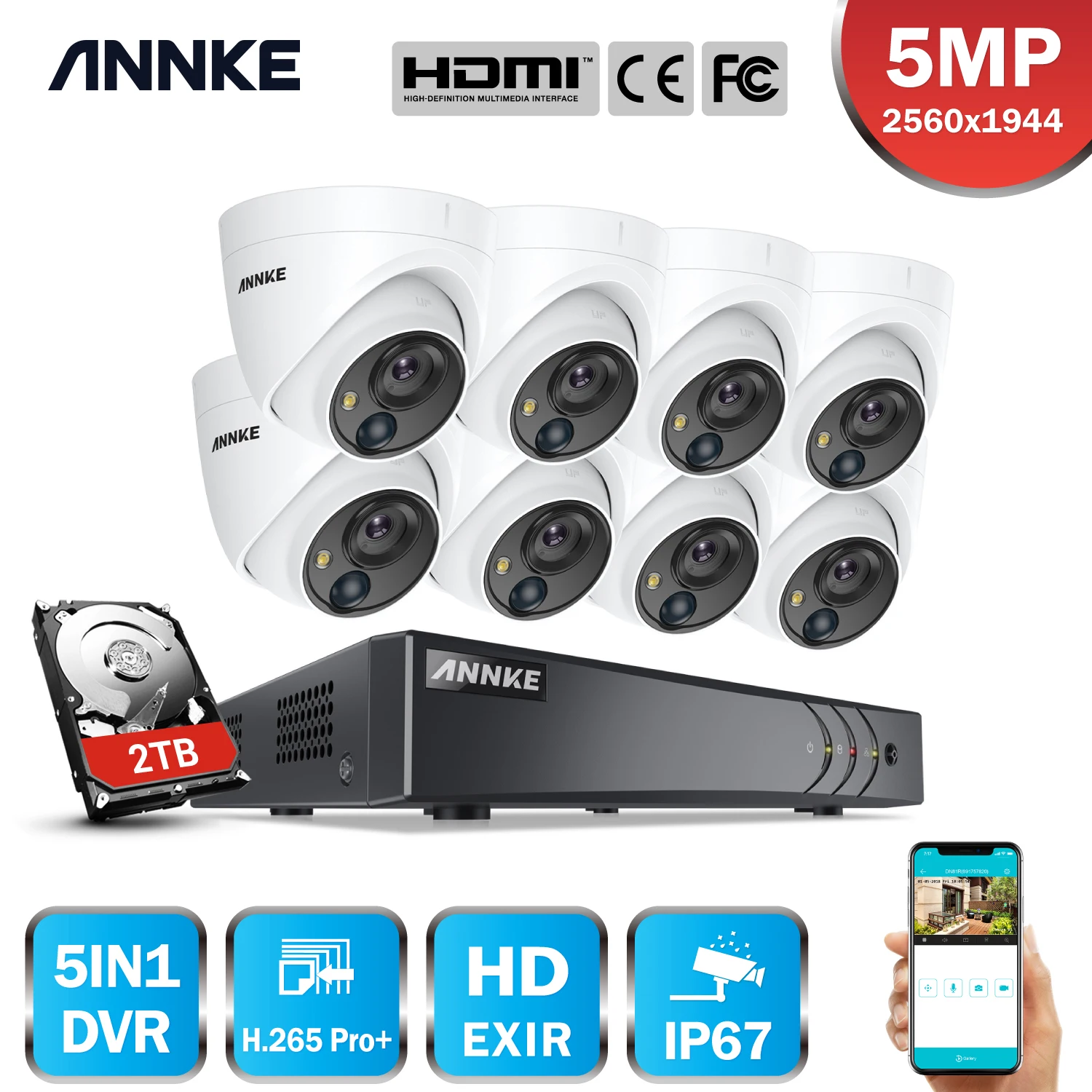 ANNKE H.265 + 8CH 5MP DVR комплекты видеонаблюдения 8 шт. 5MP PIR наружная камера s IP67 Всепогодная DVR камера безопасности камера система сигнализации