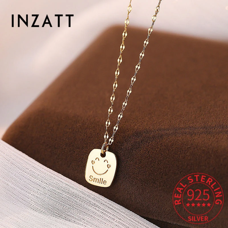 

INZATT Real 925 Sterling Silver Square Smiley Choker Necklace For Fashion Women Classic Fine Jewelry Minimalist Bijoux