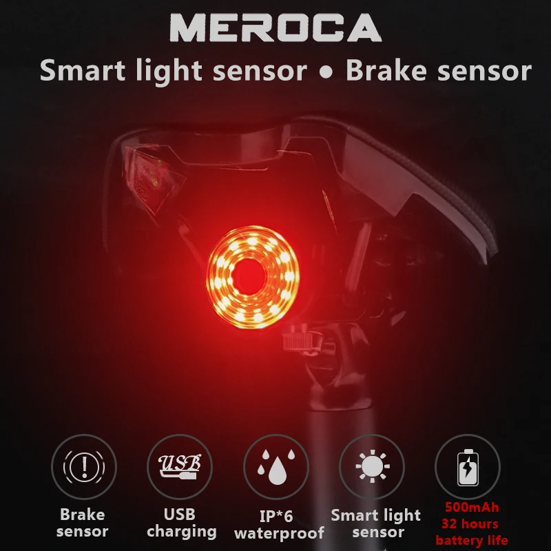 

Bicycle Smart Auto Brake Sensing Light Waterproof LED Charging Cycling Taillight Bike Rear Light Accessories MEROCA IPX6