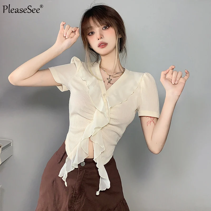 Шифоновый укороченный женский топ с рюшами в стиле пэчворк на пуговицах |