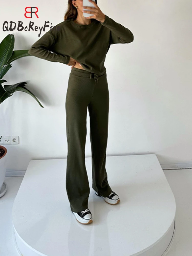 Весенний женский спортивный костюм топ в рубчик с длинным рукавом и брюки