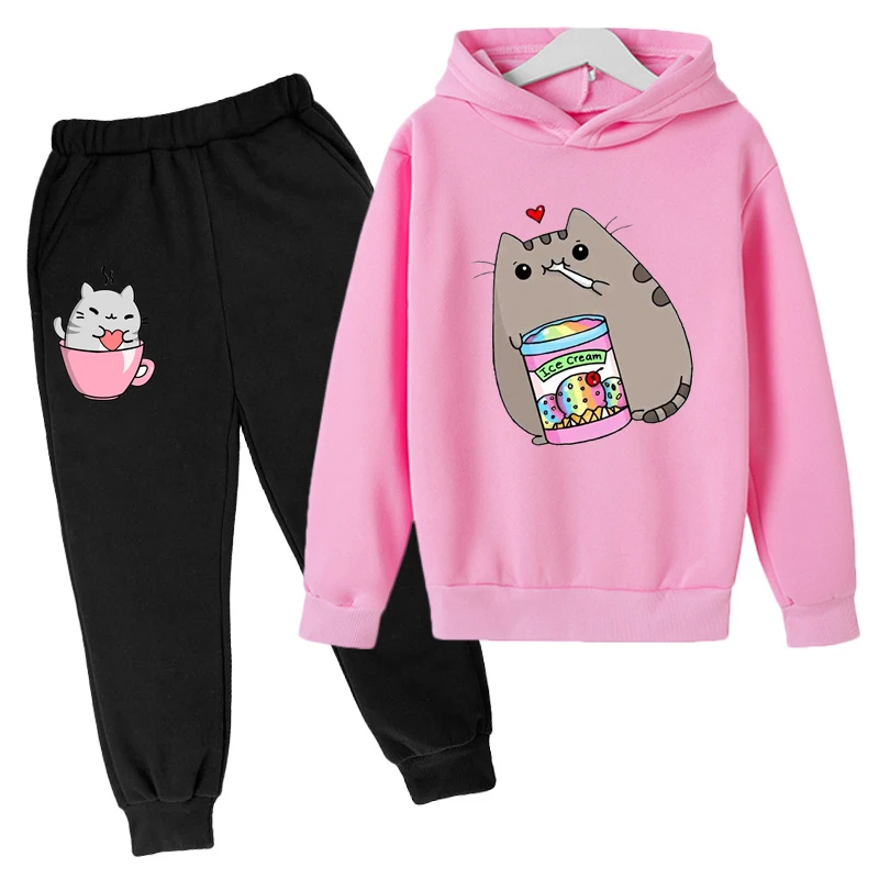 Spring and Autumn Cute Cat Cartoon Print Hoodie Children's Clothes Fun Sweatshirt Girl/Boy Harajuku Coat Kawaii Clothing Suit