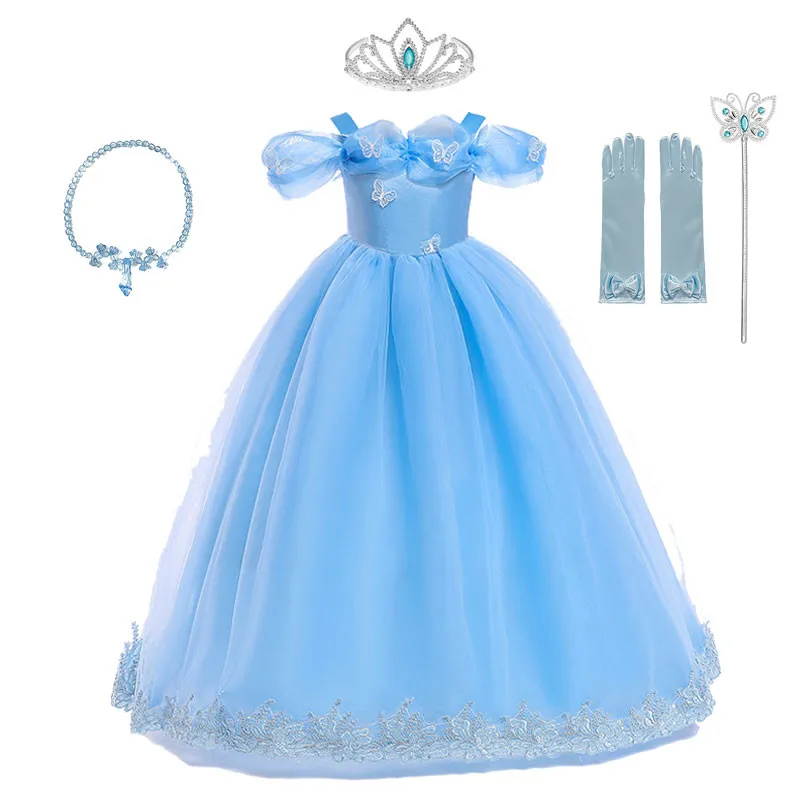 

Cinderella Princess Costume for Girl Pageant Ball Gown Kids Blue Sleeveless Princess Party Dress Childr Cosplay Halloween Dress