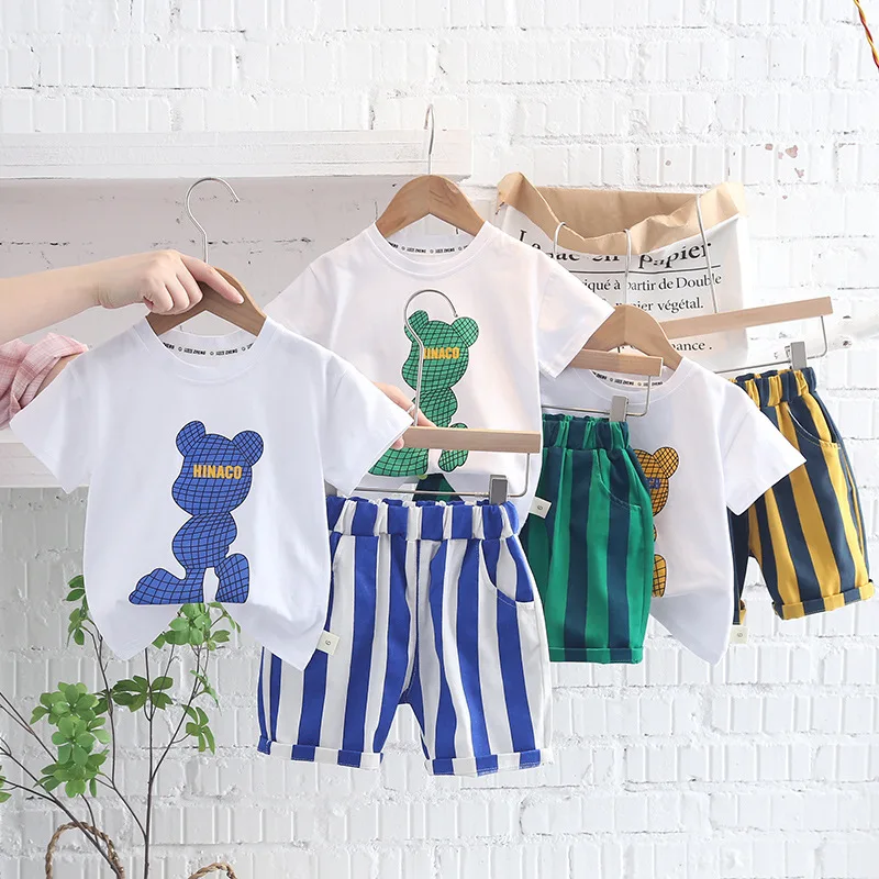 

Summer Boys Clothing Set Pure Cotton Cartoon Dog Pattern T-Shirt + Stripe Shorts 2Pcs Suit For 1-5 Years Old Boys Casual Outfit