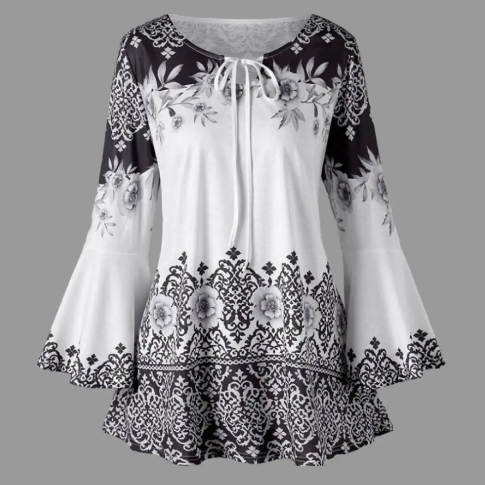 

Women Top Flower Print Horn Sleeve Lady Shirt A-line Loose Hem Lace Up Round Neck Female Blouse Contrast Color Tight Waist Top