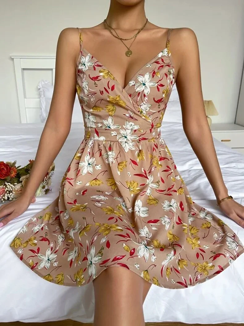 

2023 elegant casual dress, summer new women's elegant suspender skirt V-neck pullover printed sleeveless dress