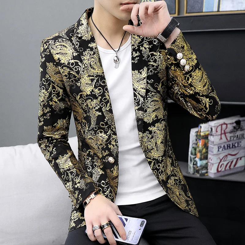 

Gold Cashew Flowers Printed Luxury Blazers Men Slim Fit Silver Stage Costumes For Singers Mens Fashionable Jackets Unusual 2021